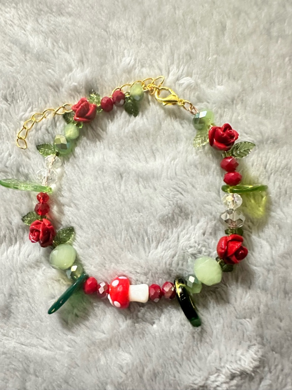 Handcrafted Red & Green Rose Charm Bracelet - Women Jewelry
